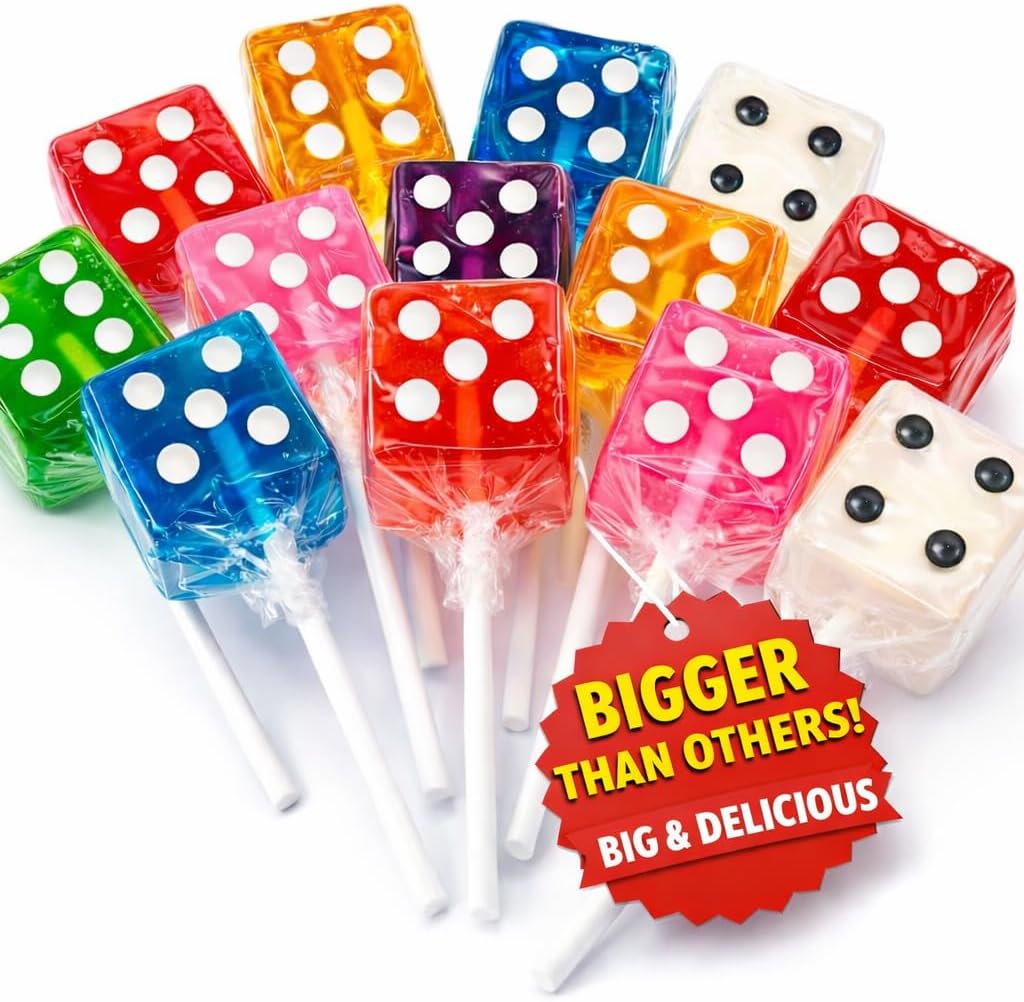 Dice Suckers - 12 Assorted, Oversized Dice Lollipops, Individually Wrapped, Realistic Design, Casino or Bunco Party Supplies