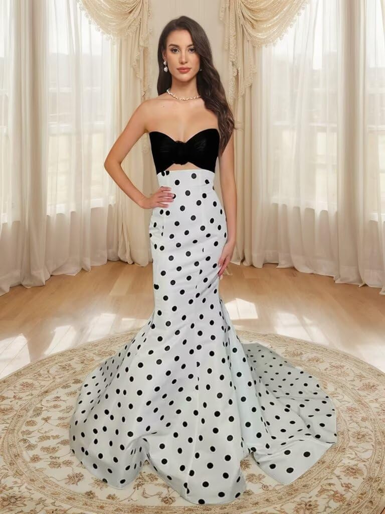 Bow Strapless Mermaid Prom Dresses for Women 3D Flower Polka Dots Evening Party Gown Formal - Image 6