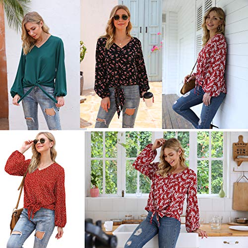 VIISHOW Womens Tie Front Knot Lartern Sleeve Loose Fit V Neck Floral Blouses Chiffon Tops Shirts4