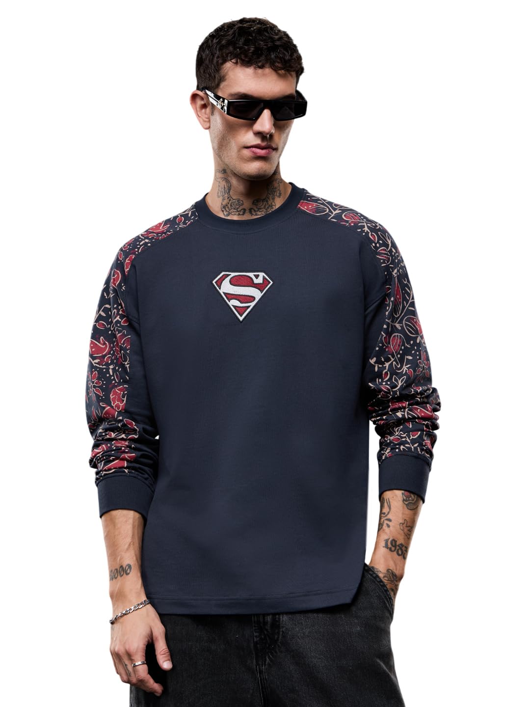 the souled store Superman: Desi Man of Steel Men and Boys Long Sleeves Crew Neck Navy Embroidered Casual Cotton Drop Shoulder Trendy Breathable Casual Oversized T-Shirts-picture-41