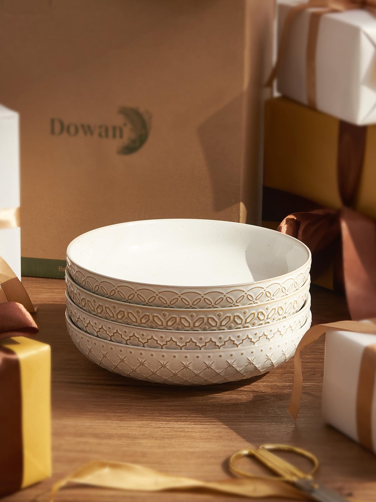 DOWAN Ciotole per Pasta Set di 4, 1020ml Piatti Fondi, Φ21.5 cm Insalatiera per la Cucina, Piatto da Portata in Gres Goffrato per Frutta, Pasta, Adatto al Microonde | Vintage Bianco