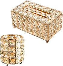 علبة تخزين مناديل ورقية بتصميم كريستالي ذهبي لامع وحامل فرش مكياج كريستالي متناسق ومنظم أنيق لأدوات التجميل يضفي لمسة جمالية على ديكور المنزل الأنيق ولمساحة تخزين عملية