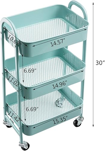 Miniatura 3 de AGTEK Carrito de maquillaje, carrito organizador móvil rodante, azul aguamarina de 3 niveles de metal