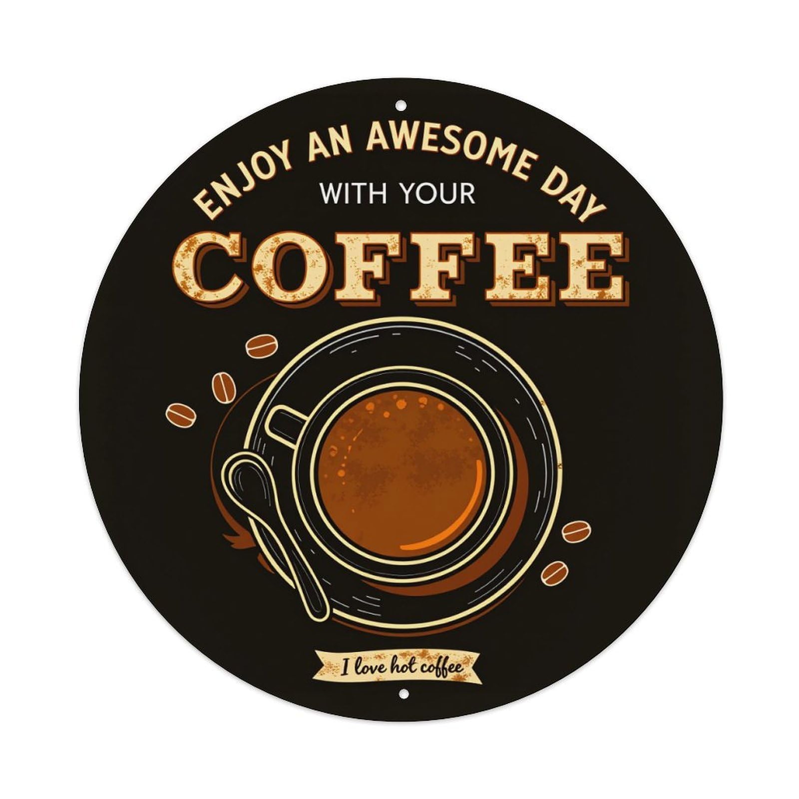 Coffee Cup Spoon Beans Text Round Tin Sign Vintage Style Metal Sign Home Bar Garden Wall Plaque Decor Metal Poster 8x8 Inch