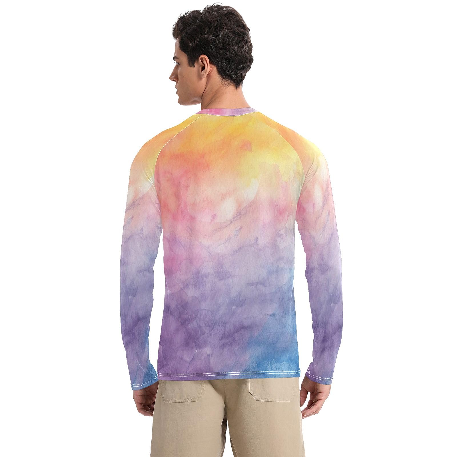 Watercolor Rainbow Tie Dye Sun Shirts UPF 50+ UV Protection Quick Dry Rash Guard for Men Long Sleeve Workout Shirts, Small