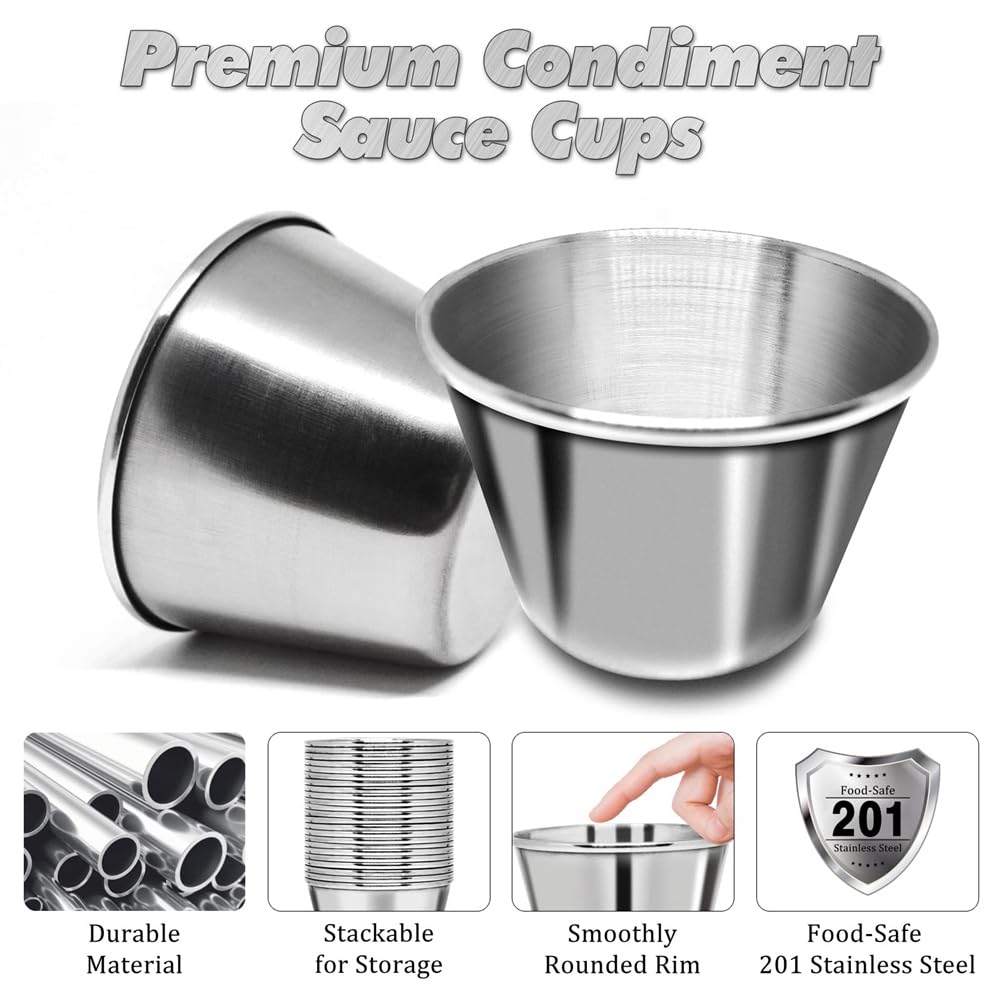 50 PCS Tasses à Sauce en Métal 2.5oz Ramekins, Gobelets à Sauce en Acier Inoxydable Argentés, Récipients de Condiment Métalliques Réutilisables