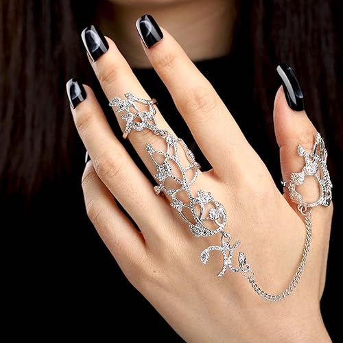 Obmyec Boho Finger Ring Hand Chain Silver Knuckle Ring Bracelets Punk Leaf Full Finger Ring Hand Harness Bracelet for Women and Girls