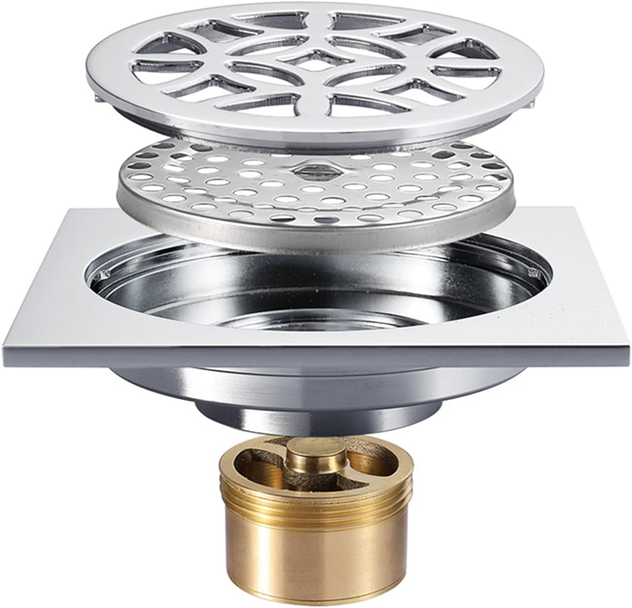 TANKE 4 Inch Square Shower Drain, Silver Floor Drain Shower Brass Floor Drain with Removable Cover Grate Hair Catcher Strainer Anti Clogging and Odor,A