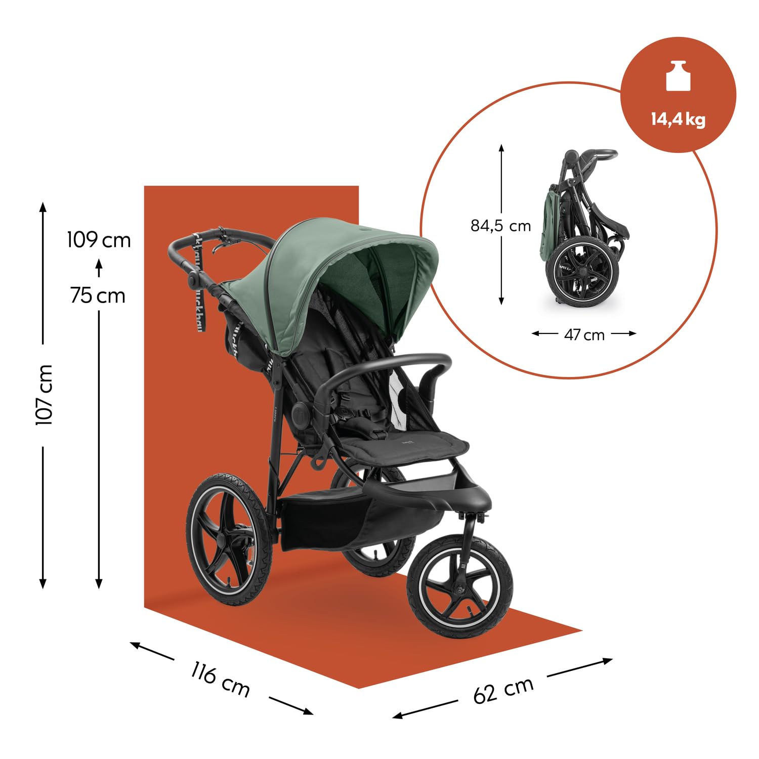 Hauck Runner 3 Verde Giungla Passeggino 3 Ruote d'Aria 22 kg Sospensione Regolabile Freno a Mano Cappottina XL UPF 50+