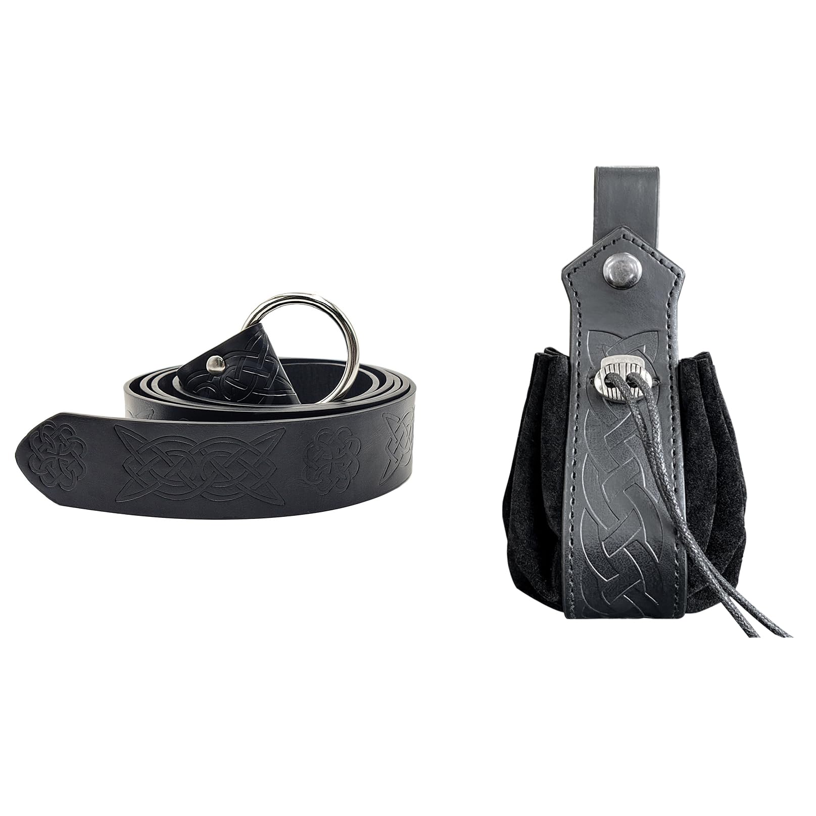 COSFAN Medieval Viking Belt Faux Leather Pouch Set,Renaissance Embossing Knight Belt Drawstring Dice Bag,LARP Cosplay Halloween Accessories for Men Women (Style 2)