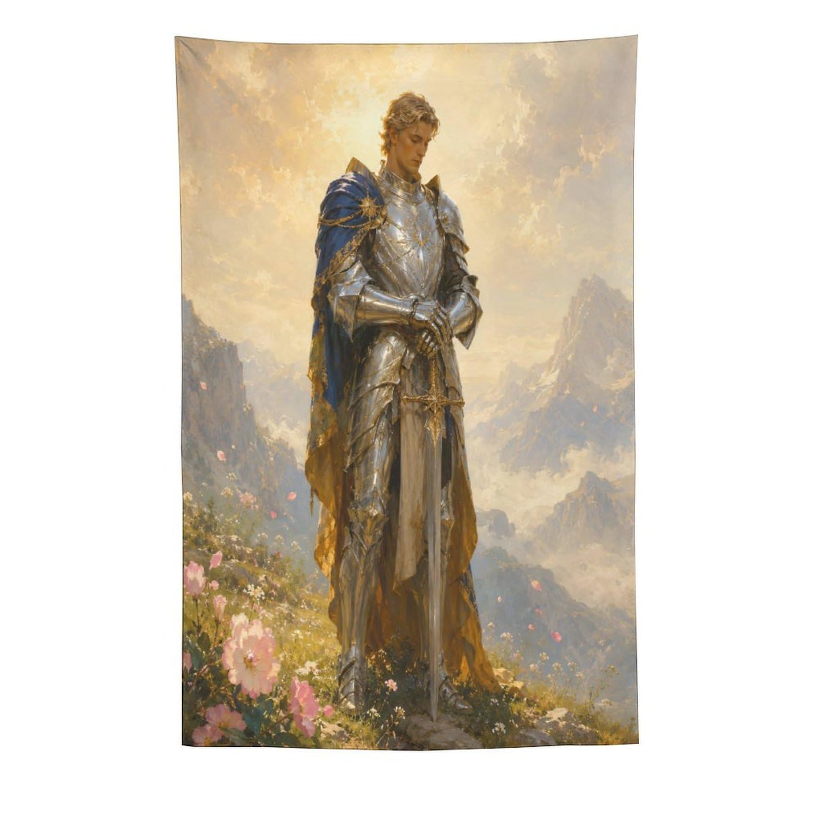 W7C8U2X3 Medieval Golden Knight Mountain Wall Tapestry, Reading Corner