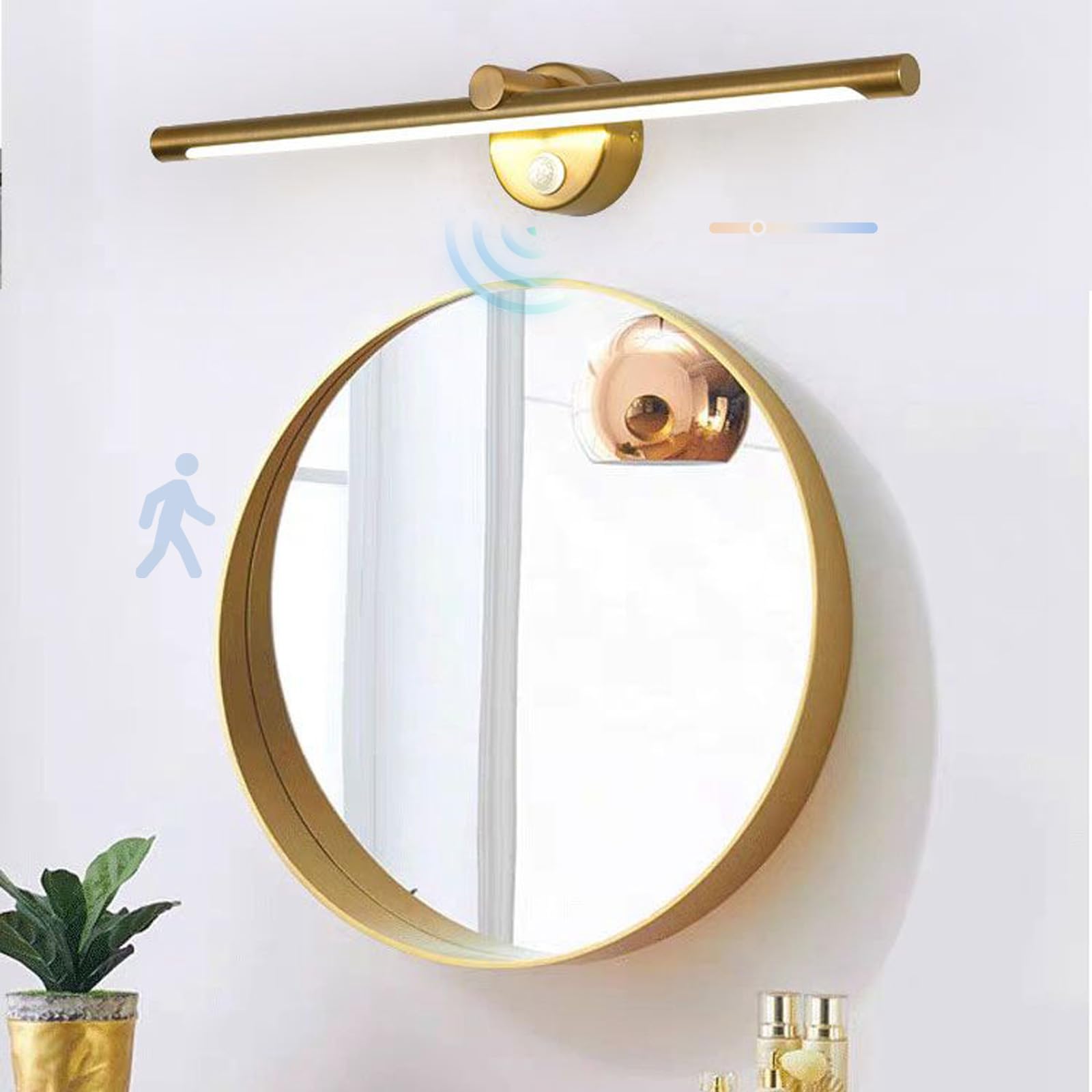 LED Badezimmer Spiegelleuchte Wandlampe Indoor Dimmbar Wandleuchte mit Bewegungsmelder Wandbeleuchtung Wasserdichte Wandleuchten Moderne Lange für Schminktisch Schrank (Gold,43cm)