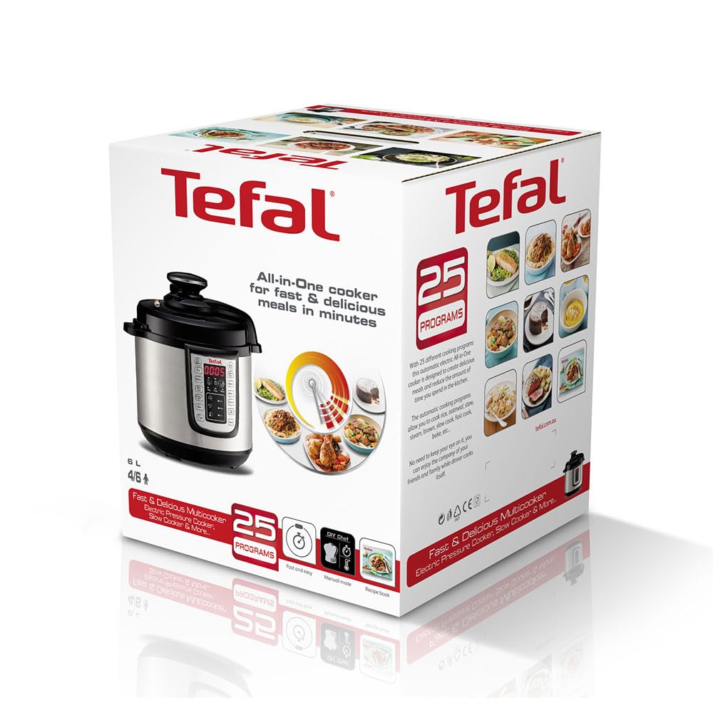 Tefal Fast & Delicious Multicooker - Pentola a pressione elettrica 1200 W, 25 programmi automatici, modalità manuale, include ricettario, cestello cottura a vapore, capacità 6 litri