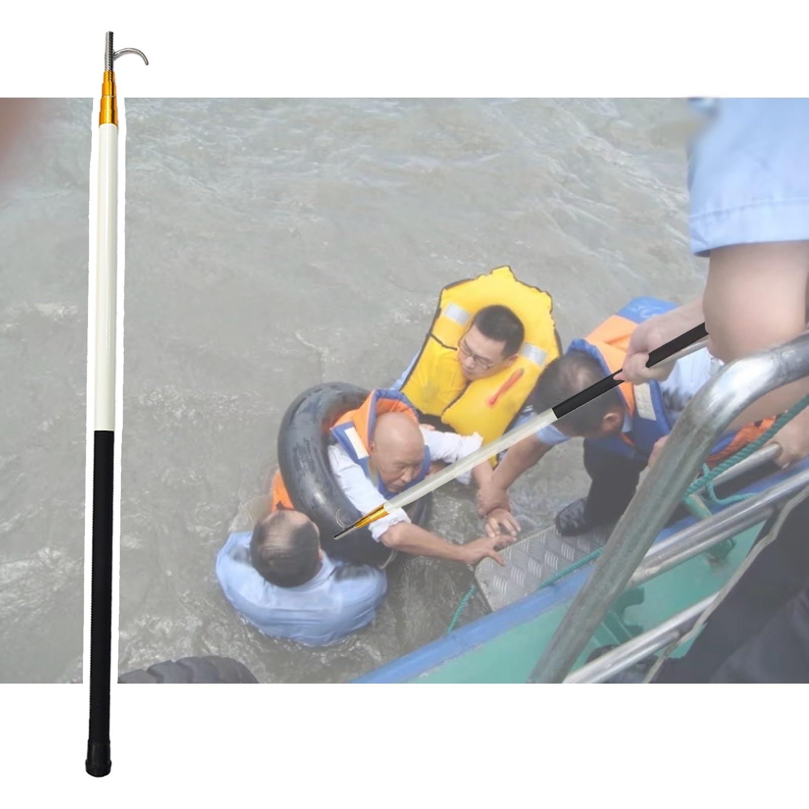 Poste extensible de rescate acuático con gancho flexible para prevención de ahogamientos