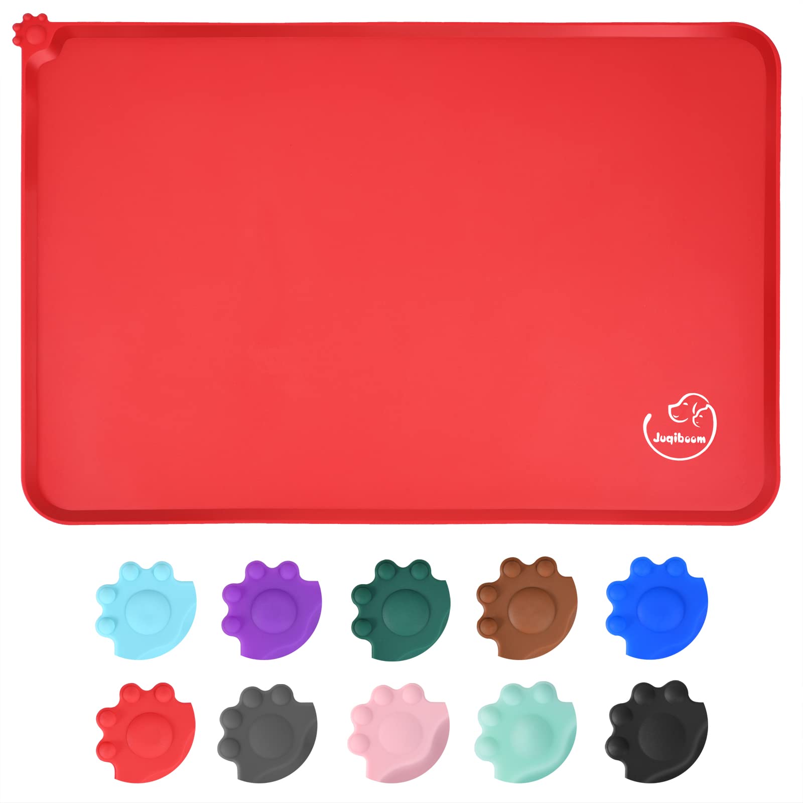 Juqiboom Silicone Waterproof Dog Cat Pet Feeding Mats, Non Slip, Easy Clean Pet Dog Cat Bowl Mats Placemat (18.5" x 11.5") Red