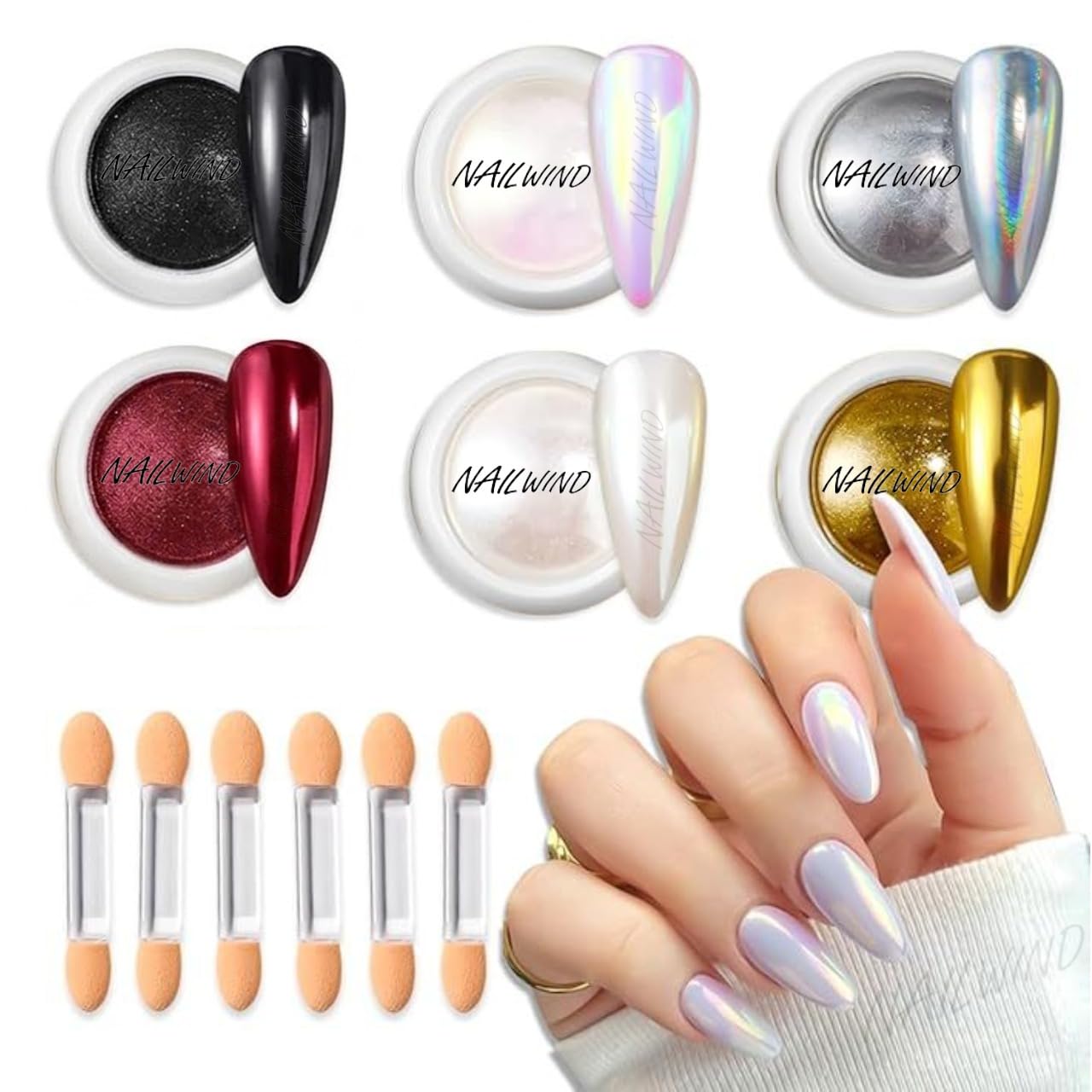 NAILWIND 6 Colors Chrome Nail Powder 6 Pcs, Mermaid Powder -White, Red, Silver, Gold, Black nail Chrome powders Mirror Effect - Iridescent Nail Pigment powder - Nail Art for Gel Nails-image-26