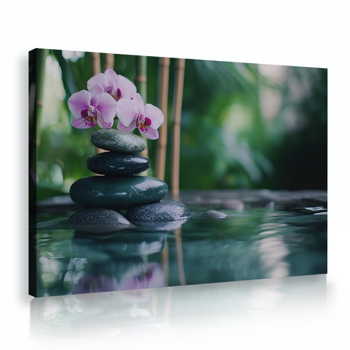 Via Vela Green Bamboo Purple Orchid Canvas Painting, Framed Zen Stones Water Reflection Artwork Prints, Modern Minimalist Nature Picture, Spa Bathroom Decor 70x110cm