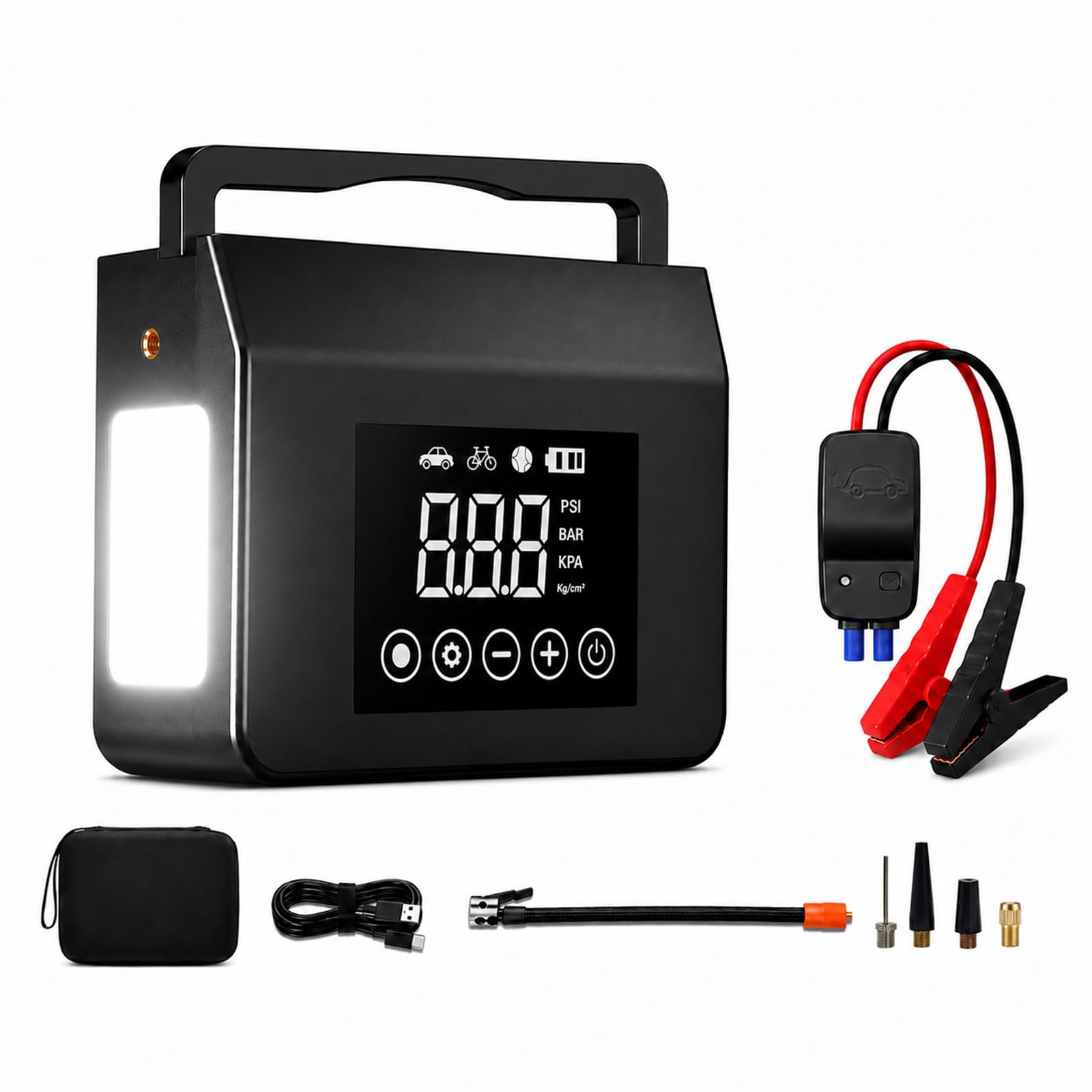 PASLDA Avviatore di Emergenza da 4000A con Compressore d'Aria, Gonfiatore per Pneumatici 150 PSI, Luce LED