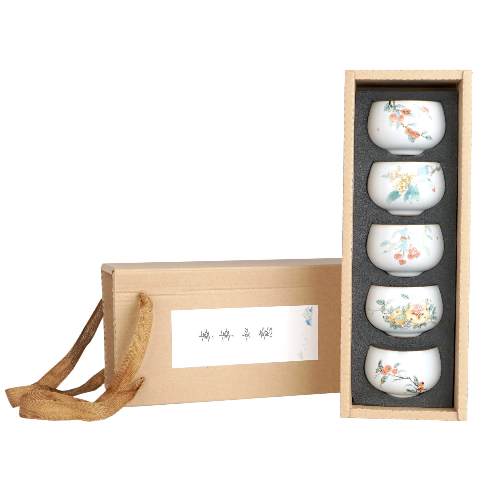 CoolChange Lot de 5 bols à thé chinois | Peint à la main avec peinture Gongbi | Céramique | Motif : arbustes fruitiers asiatiques | 120 ml