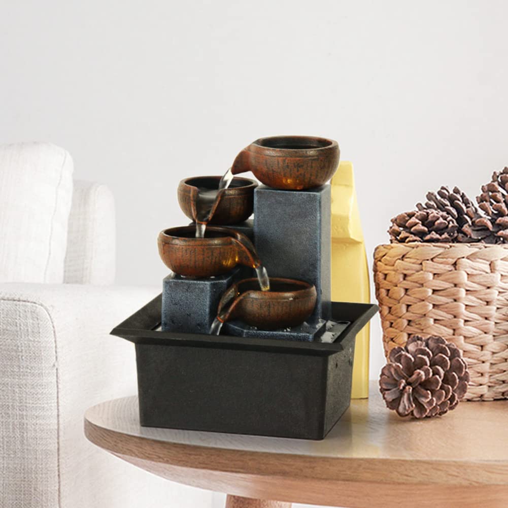 Indoor 4-Tier Relaxation Tabletop Fountain Waterfall Function,with Warm Color LED Lights and 3-Level Adjustable Water Pump for Home and Office Decoration Brown