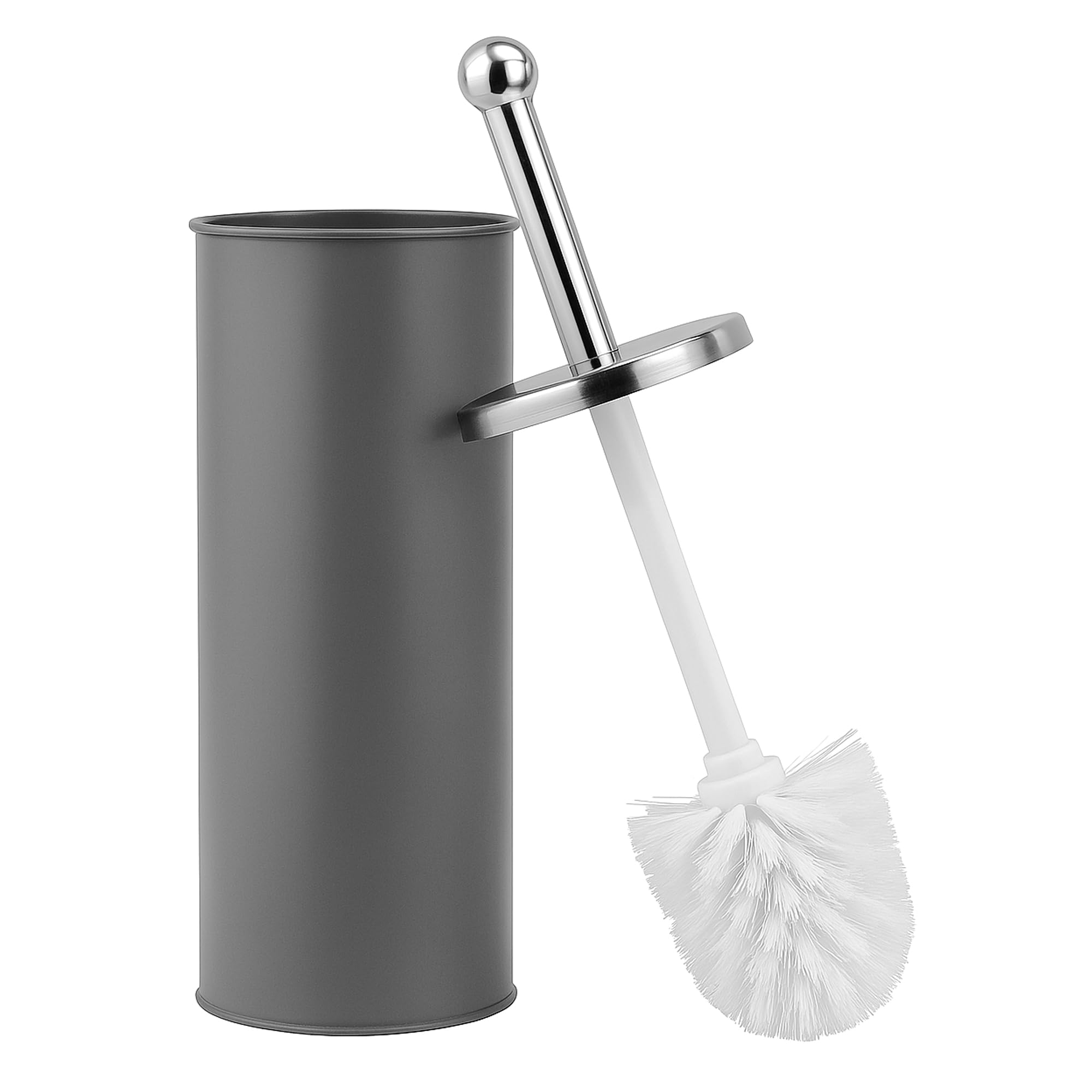 Toilet Brush With Holder Grey Matt Finish Dense Firm Bristles Round