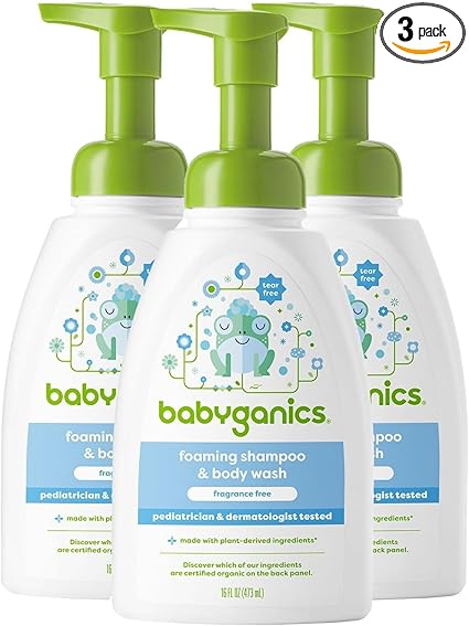Babyganics Baby Shampoo + Body Wash Pump Bottle, Fragrance Free, 16oz, 3 Pack