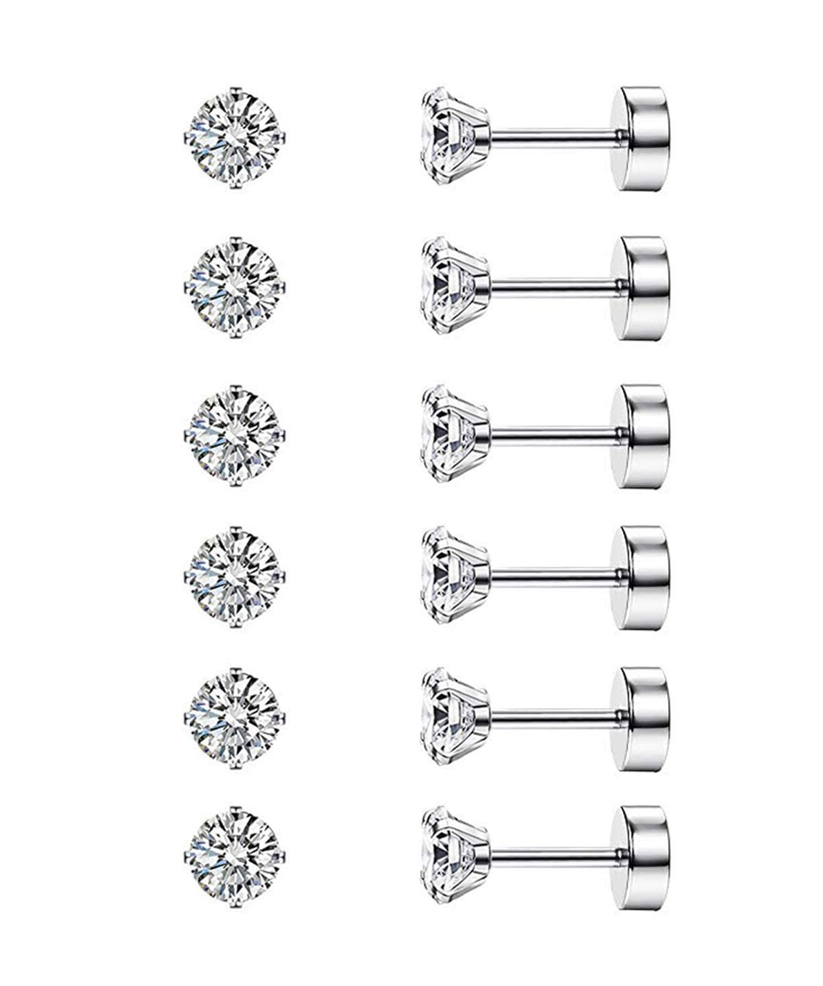 Diamday 6 paia di orecchini a cartilagine 20G per donne uomini ragazze 2-5mm Flat Back Earring Set 316L acciaio chirurgico Tragus CZ Small Helix Piercing Gioielli Ipoallergenici