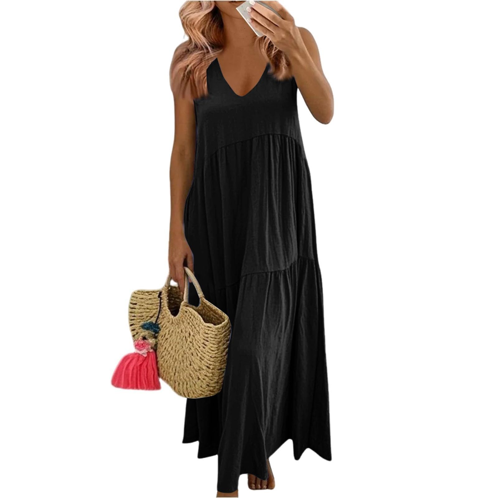 Kleid Leinen Damen Sommer Leinenkleid V-Ausschnitt Trägerkleid Einfarbige Lockeres Schulterfrei Freizeitkleid Lässige Kleid Baumwolle Leinenkleider Ärmellose Strandkleid Luftig Midi Kleider