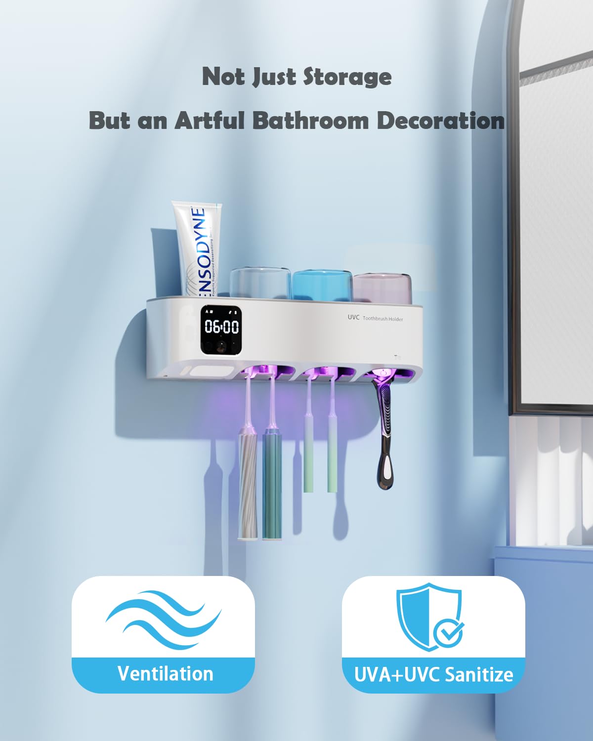 Soporte para cepillos de dientes montado en la pared para baños, soporte para cepillos de dientes – Decoración inteligente para el hogar y el baño con 3 tazas, cuenta con un reloj y luz nocturna