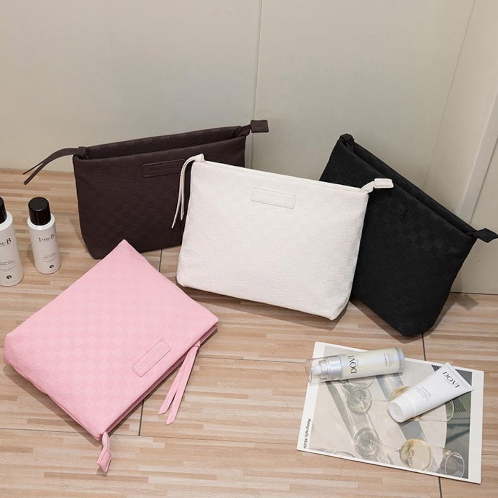 Checkered Makeup Bag Large Capacity Makeup Pouch Travel Cosmetic Bag for Women Cosmetics Skincare Care Organizer with Compartments (Black Checkered)