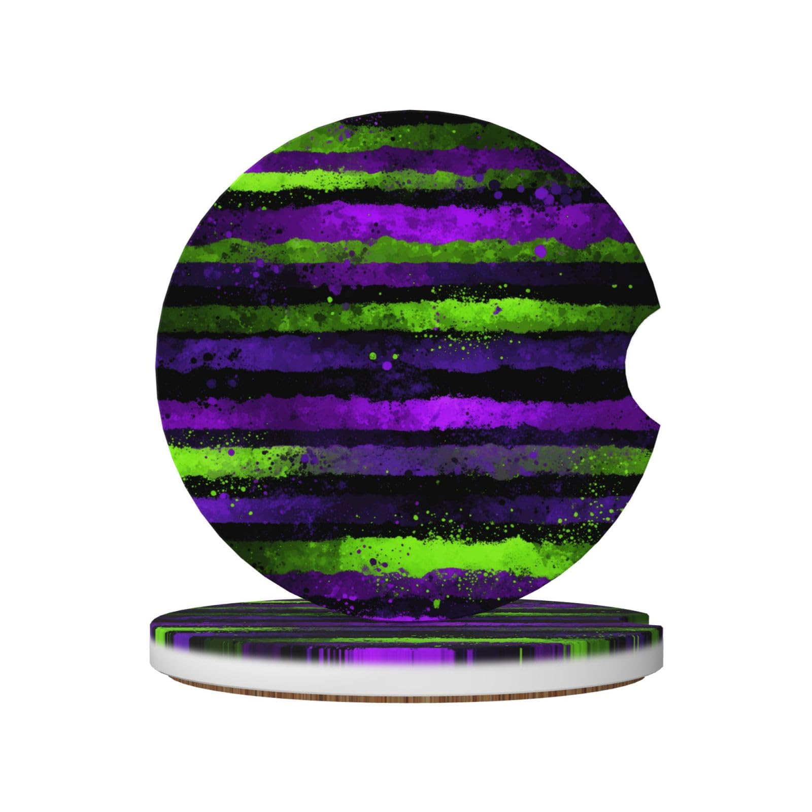 Purple Neon Green Stripes Splatters Ceramic Coasters,2pcs