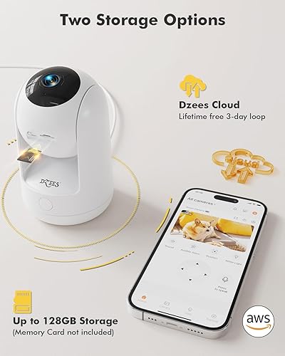 Miniatura 9 de Dzees Cámara de seguridad para interiores sin suscripción, cámaras WiFi 2K 360, cámara con cable para mascotas con aplicación de teléfono, visión