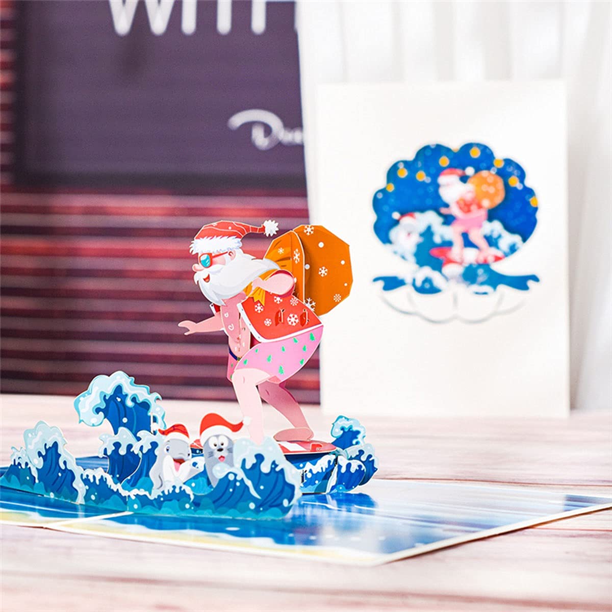 RAN 3D Weihnachten Grußkarten mit Umschlag,5 Pack Santa Claus Surfen Pop Up Weihnachtskarte Urlaub Geschenk