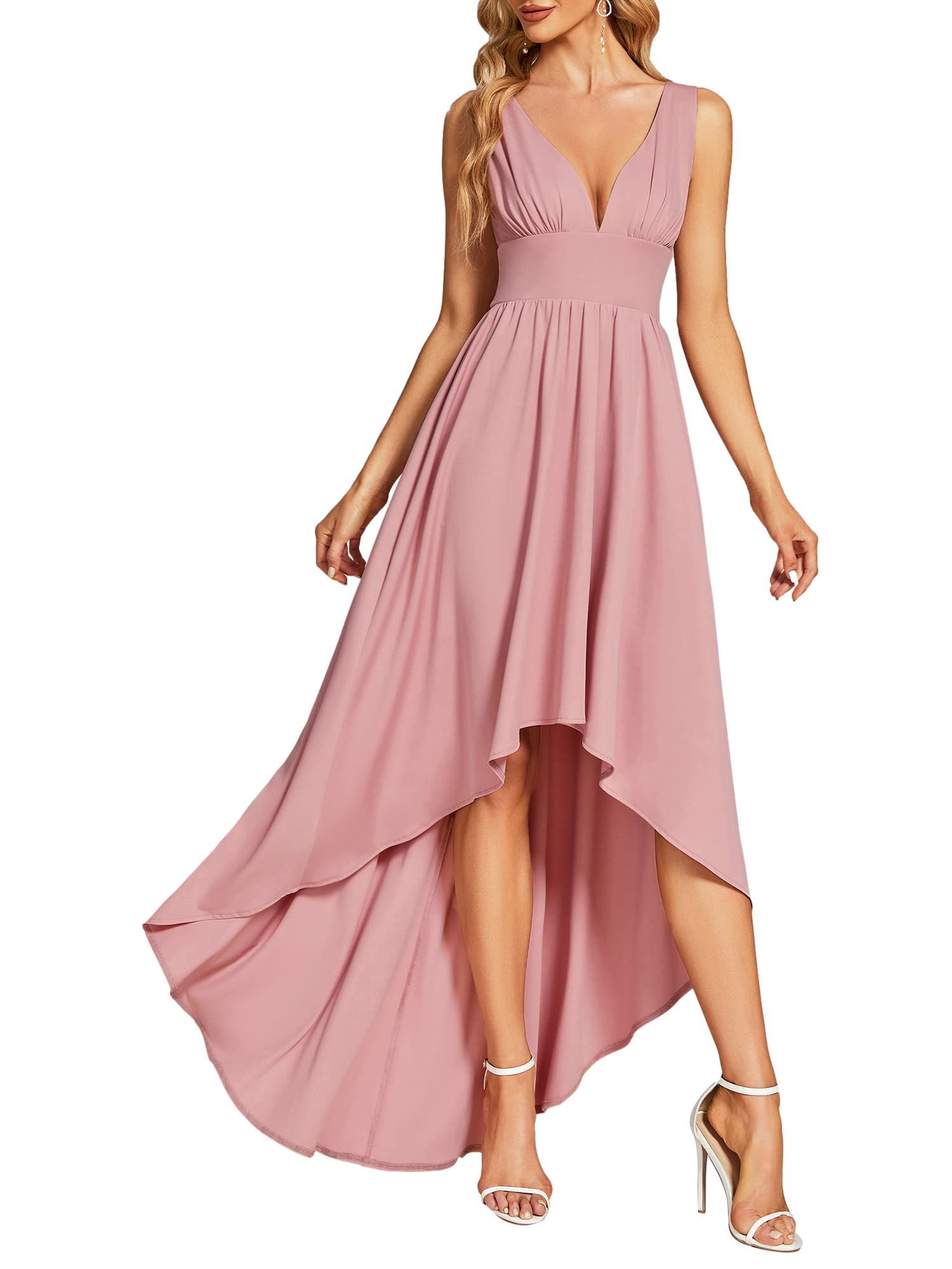 Ever-Pretty Vestido de Fiesta Escote en V Alto Bajo Elástico sin Respaldo Plisado Largo para Mujer Elegantes 01750