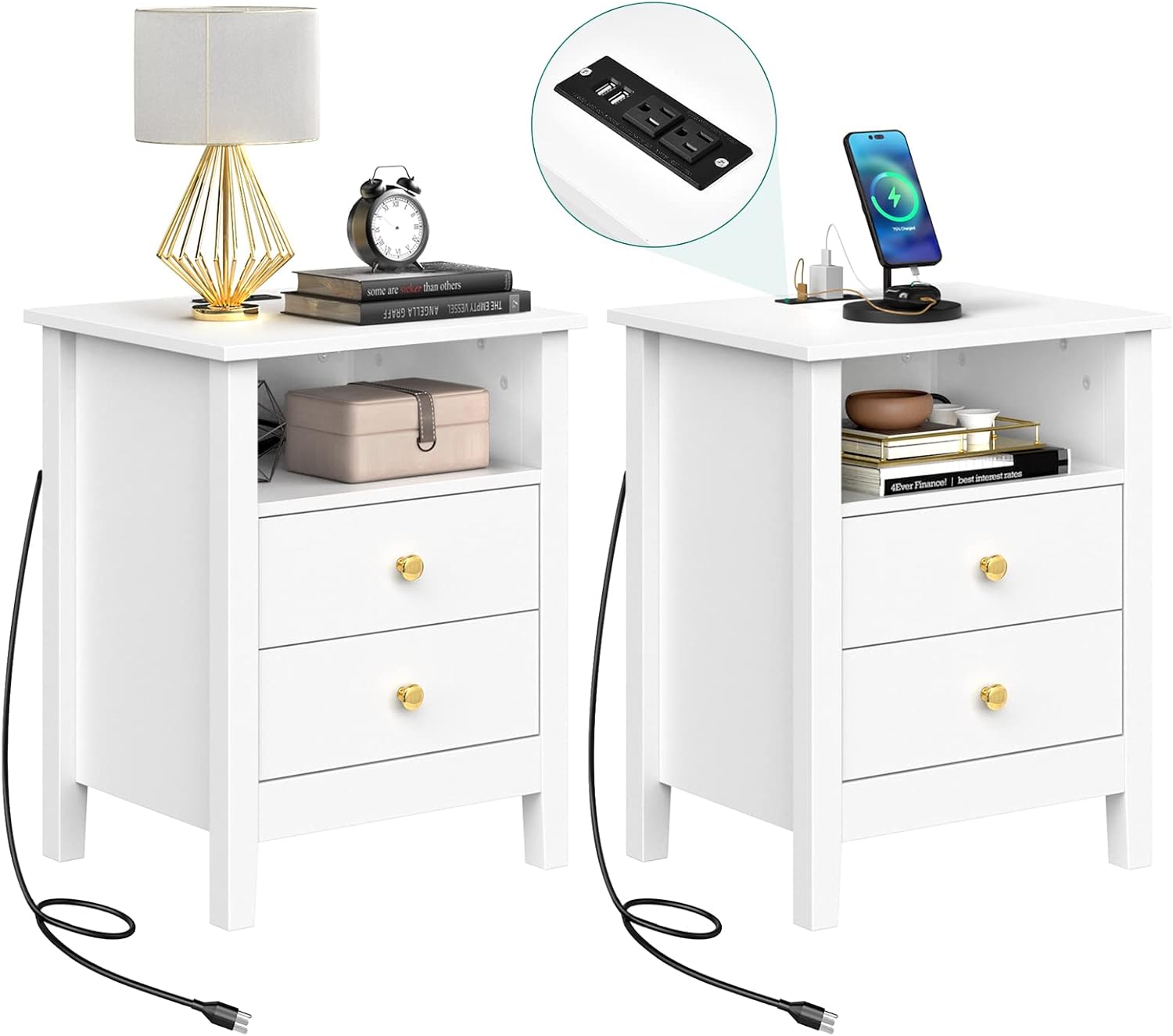 YITAHOME Nightstand with Charging Station, Night Stands with 2 Drawers for Bedroom, Modern Bedside Table End Side Table with USB Ports and Outlets, Set of 2, White