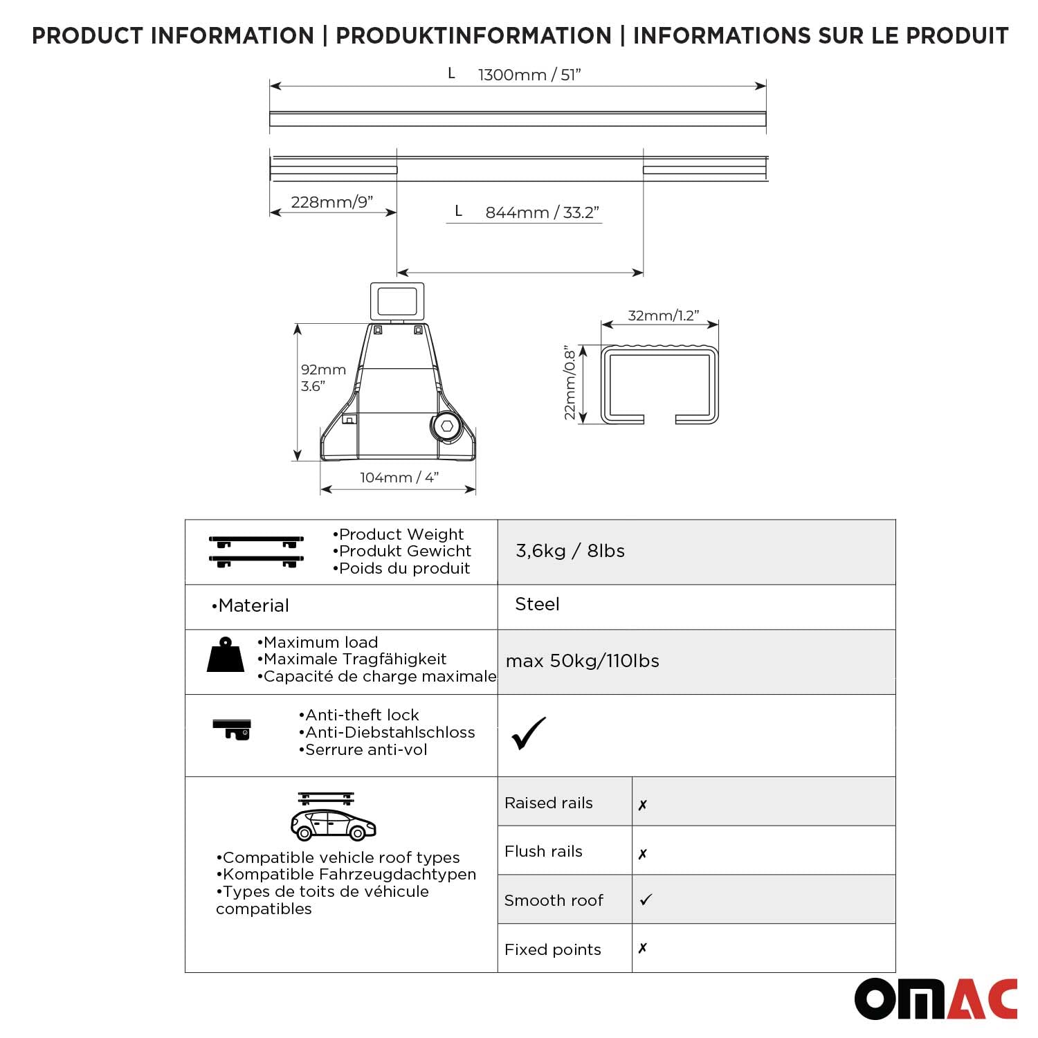 OMAC Barres de Toit transversales en Acier pour Peugeot 5008 I 2009-2016 – Antivol Inclus – Testées City Crash – DIN 75302:2019 – ISO/Pas 11154:2006 – Charge Max 75 kg Noir