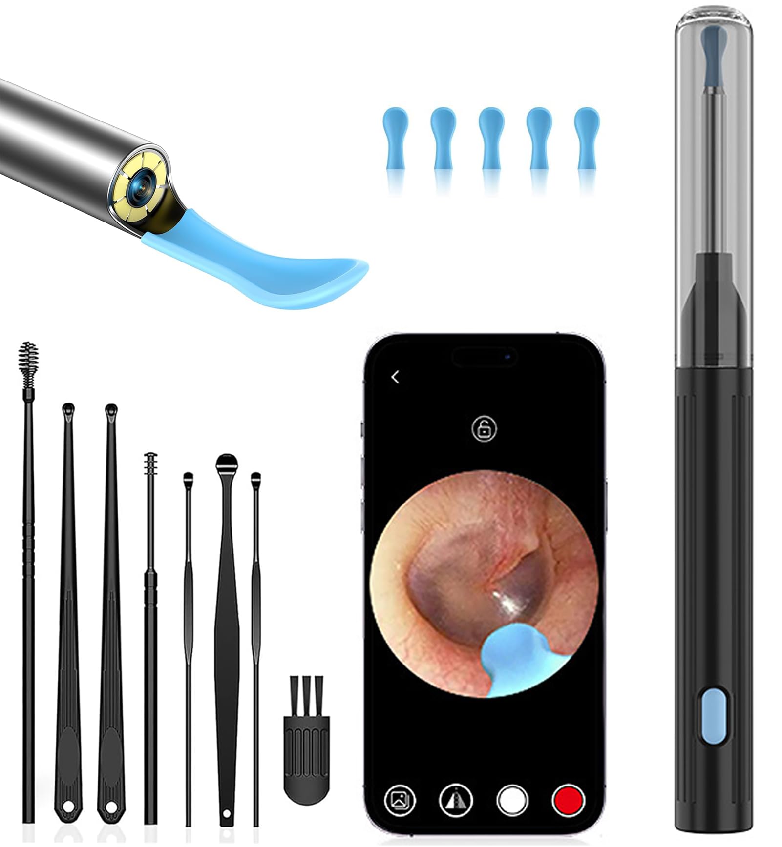 Ear Wax Removal Tool Camera Cleaner Kit, Easy and Safe Ear Cleaning, Earwax Removal kit with 800W 1080P HD Camera, 6 Ear Set and 8 Traditional Tools, Ear Cleaning Kit for iPhone, iPad, Android(Black)