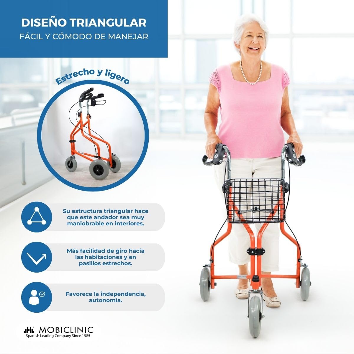 Mobiclinic®, Andador plegable 3 ruedas, Caleta, Cesta con tapa y bolsa, Frenos en manetas, Regulable altura, Marca española, Ligero, Estructura manejable, Pequeñas, Naranja