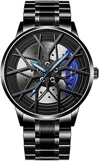 Montres pour Hommes Imperméable en Acier Inoxydable Japonais de Quartz de Poignet de Montres Hommes de Sport avec Jante Roue de Voiture Hub Design pour Hommes voiture Passionné