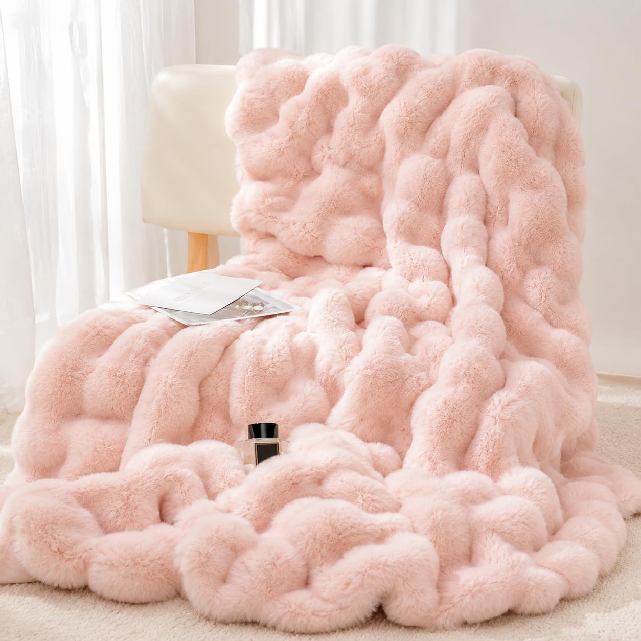 Faux Rabbit Fur Bubble Throw Blanket - Pink