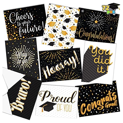 Graduation Cards 2023 Pack - 72 Pcs Black and Gold Foil and Envelopes - Bulk Graduation 2023 Party Supplies - Grad Gift Greeting Cards - 9 Artist Rendered Designs Cards Bulk College & High School