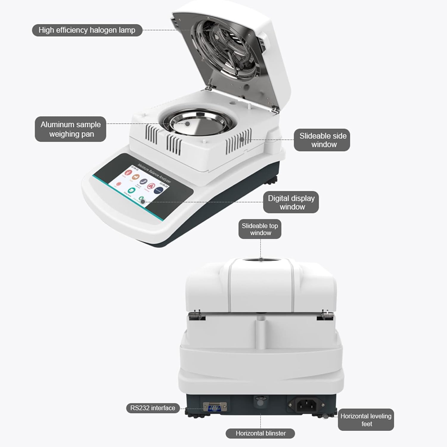 Analizador de humedad, calentamiento uniforme con almacenamiento de datos, temporizador de temperatura ajustable para alimentos, investigación agrícola, prueba de humedad en polvo, 100 g/0,01 g