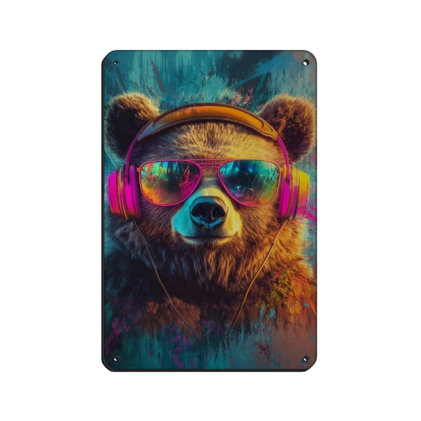 Lxwnze 20L X 30W Cm Vibrant Bear Art With Headphones Tin Sign Vintage Metal Pub Club Cafe Bar Home Wall Art Decoration Poster Retro 8X12inch(20X30cm)