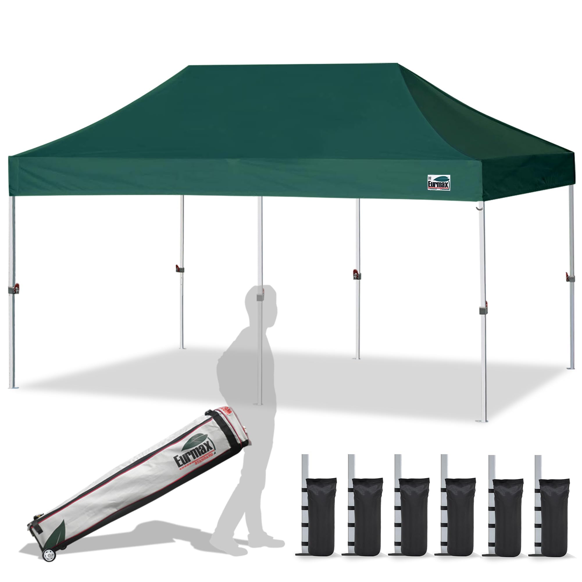 Photo 1 of **broken**Eurmax USA 10x20ft Pop Up Canopy, Commercial Instant Tent for Outdoor Events, Patented No-Tip Rolling Storage Bag with 6 Sandbags,UV & Water Resistant,Heavy Duty Portable Shelter Gazebo,Forest Green
