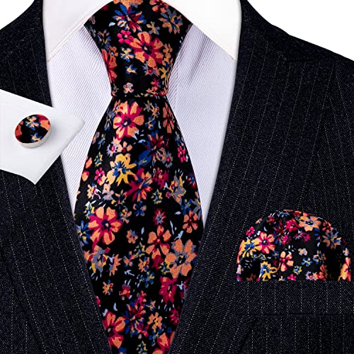 Image of Barry.Wang Flower Ties for Men Handkerchief Cufflinks Set Wedding Necktie Set Party