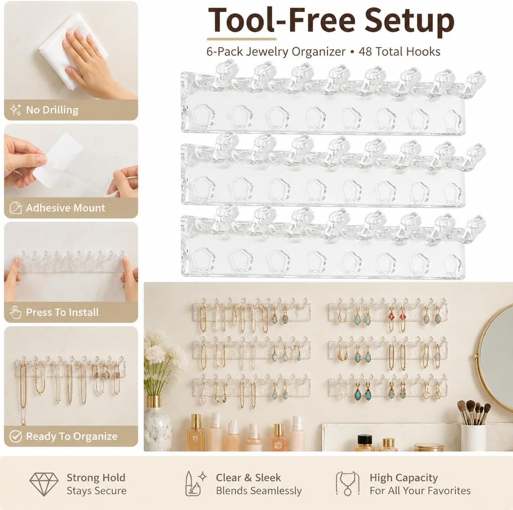Wall Mounted Jewelry Organizer, 3-Pack 24 Hooks Clear Plastic Necklace Holder, No-Drill Adhesive Rack for Earrings, Bracelets, Rings, Studs, Closet Bathroom Bedroom Mirror