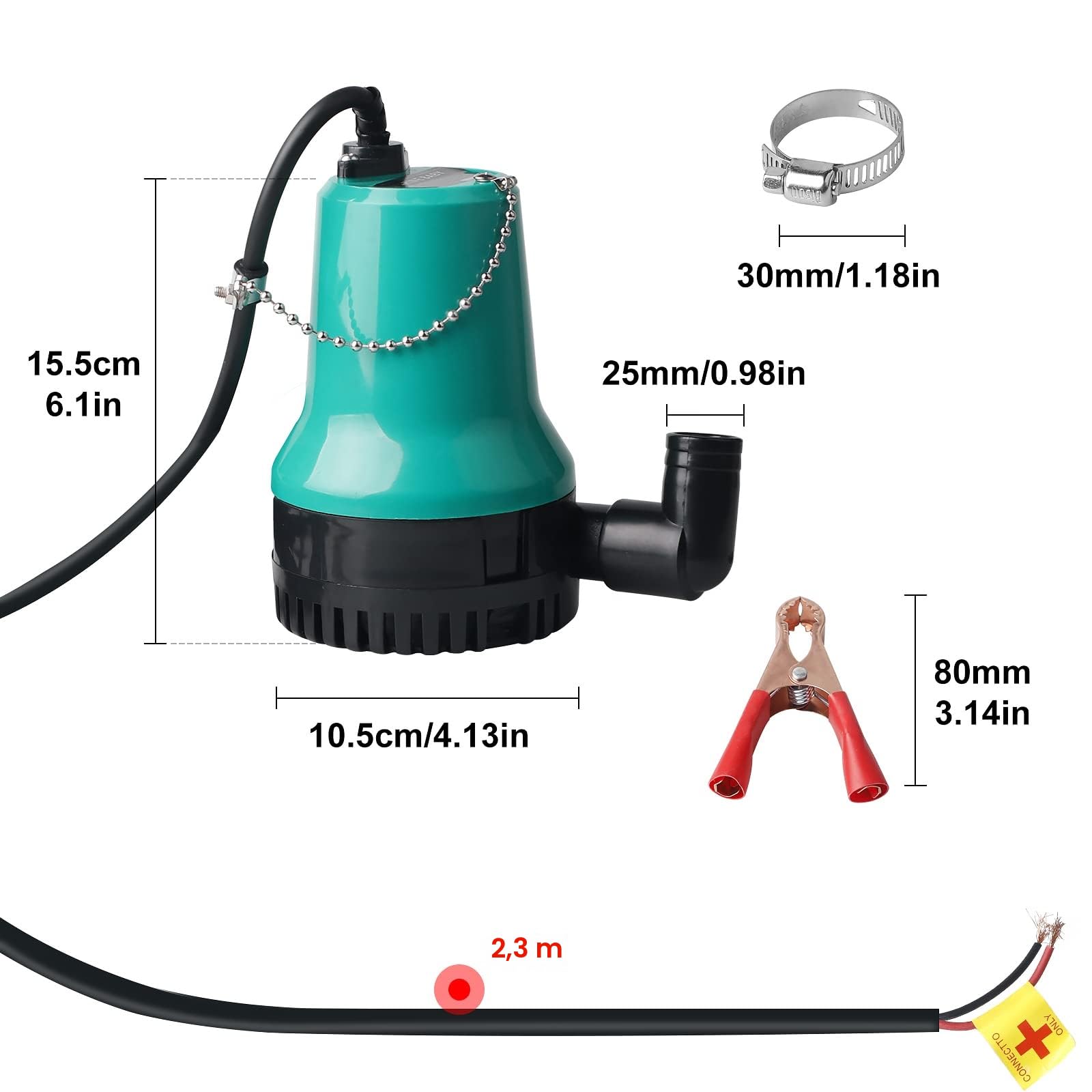 SWAWIS Pompa Sommersa Acque Sporche Immersione DC 12V 50W 4200L/H con Cavo da 2,3 m, Morsetto, per Pozzo Svuota Piscina