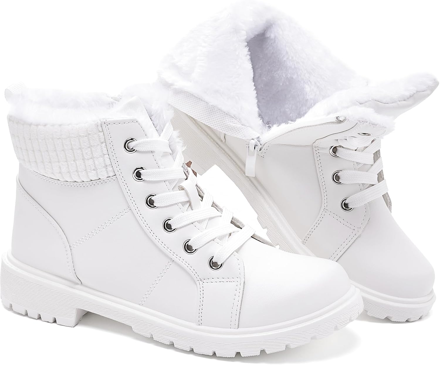 Uoidru Combat Boots For Women Ankle Booties Black Winter Snow Boots White Lace Up Boots Comfort Fuzzy Boot Side Zipper Short Boots