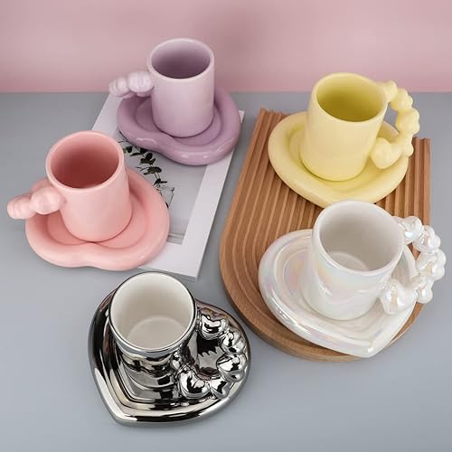 Miniatura 2 de Fseoot Taza de café de cerámica con platillo, 10.1 oz10.1 fl oz linda taza creativa galvanizada con mango de calabaza diseño en forma de corazón