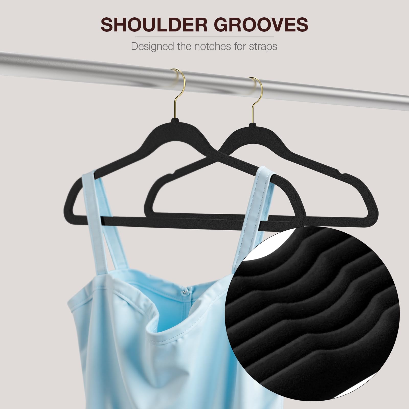 Korpai Kleiderbügel aus schwarzem Samt, rutschfest, strapazierfähig, platzsparend, schmale Kleiderbügel für Hosen, Outfits, Röcke, Anzüge, Mäntel, Kleider usw., Filz-Kleiderbügel mit goldfarbenem